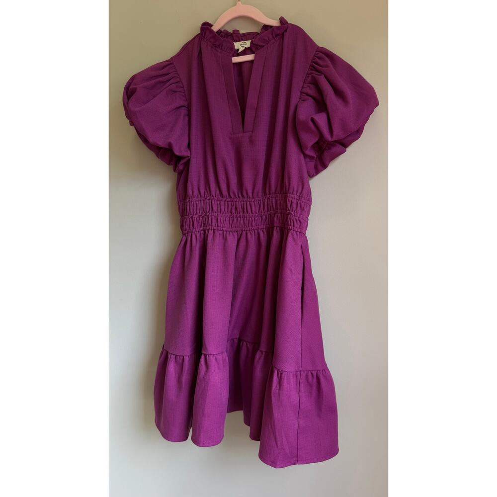 Entro Women’s Purple Puff Sleeve Smocked Mini Dress Size S Tiered V-Neck - Picture 4 of 11